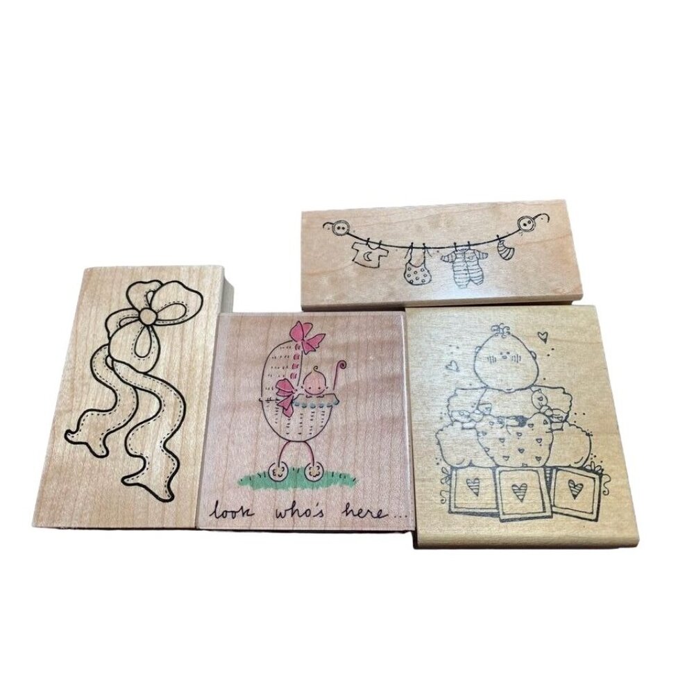 Wooden Rubber Stamps Baby Theme Set Crafts Bow Clipart Infant Fun Set
